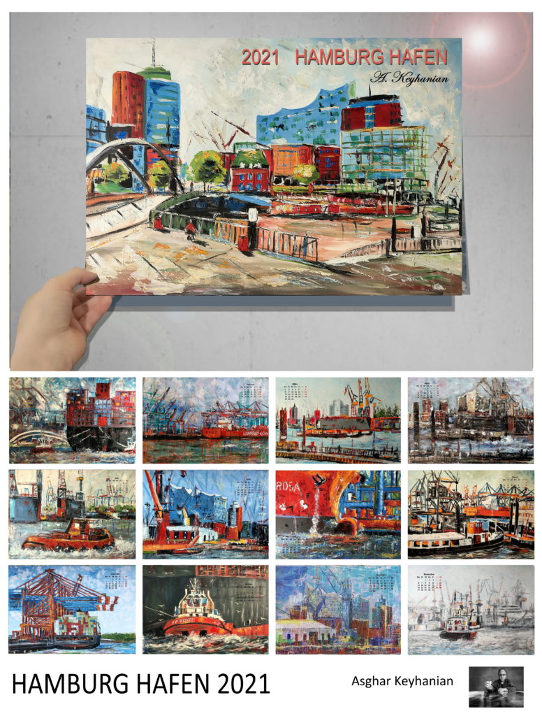 http://visuellewelt.de/ Hamburger Hafen Kalender 2021, limitierte Auflage DIN A2. Bei meiner nächsten Ausstellung Mitte Oktober in Hamburg werde ich meinen Hamburger Hafen Kalender präsentieren in limitierter Auflage. Ich freue mich auf Ihre Bestellungen. A.keyhanian@t-online.de